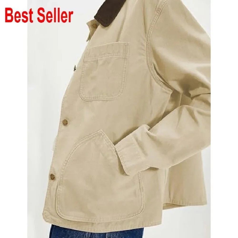 Oversized Cotton Barn Jacket Button Down Collar Casual Loose Fit Chic